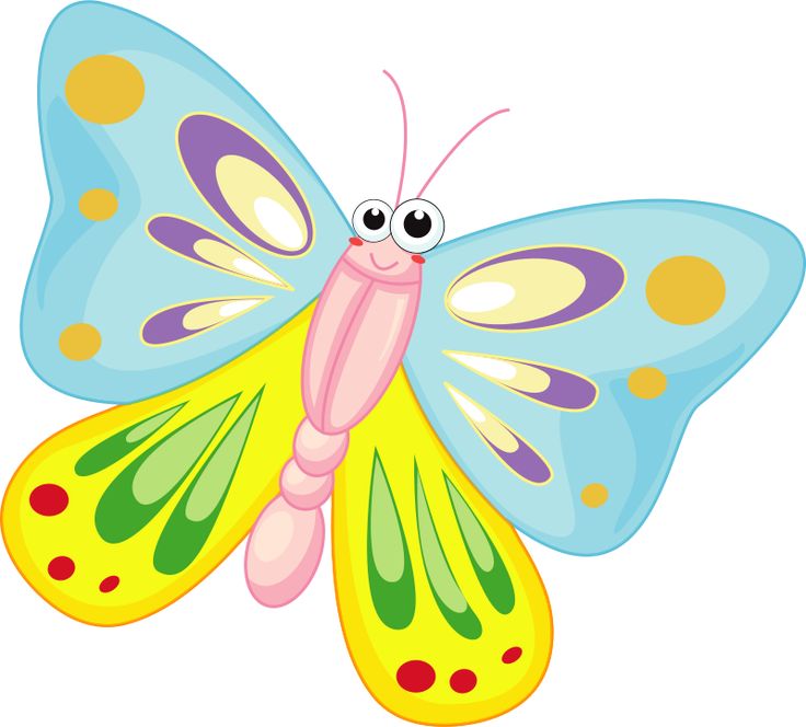 Colorful cartoon butterfly with blue, yellow, green, and purple wings and big eyes.