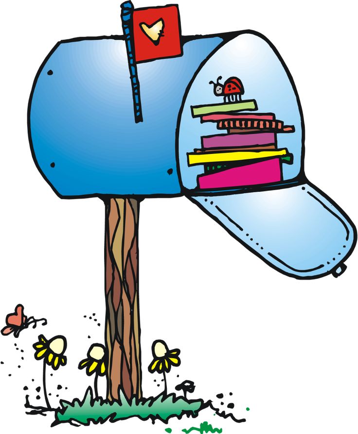 Blue mailbox on wooden post with open door revealing colorful books and a ladybug, red flag raised, flowers below.