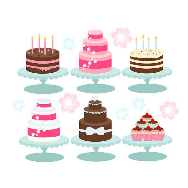 Six colorful illustrated birthday cakes on stands with candles and floral decorations.