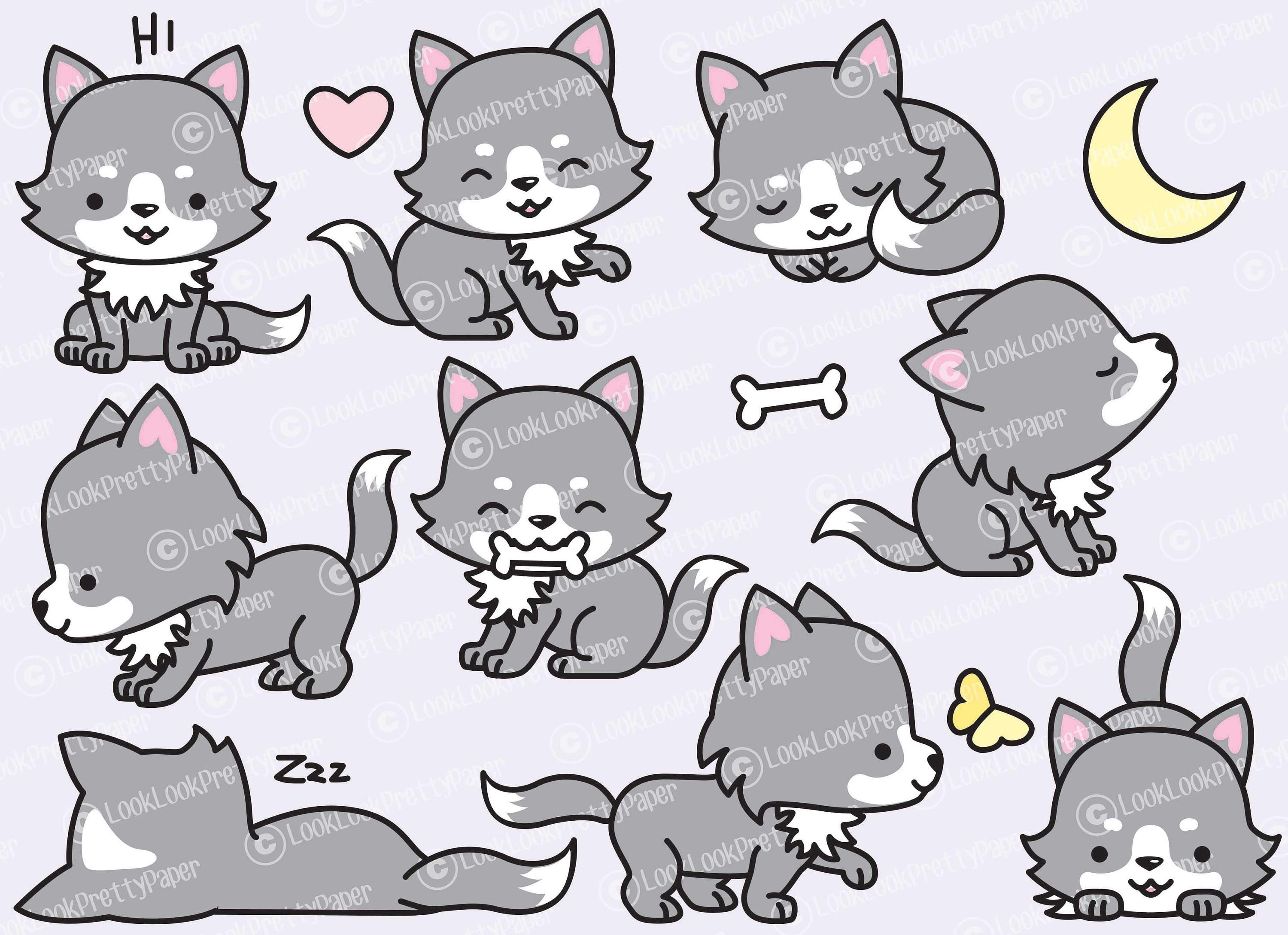 Cute gray and white cartoon fox in various playful poses with hearts, bones, moon, and butterfly.