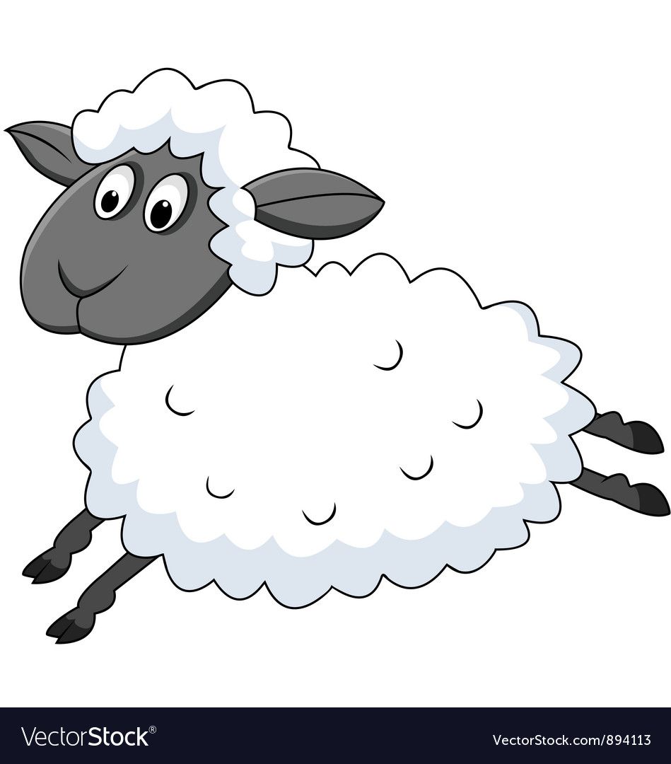 Cartoon sheep with fluffy white wool, gray face and legs, leaping joyfully against a white background.