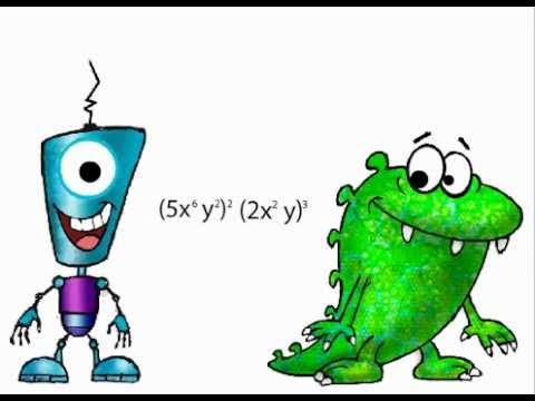 A blue robot and green monster cartoon illustrating the algebraic expression (5x⁵y³)²(2x²y)³.