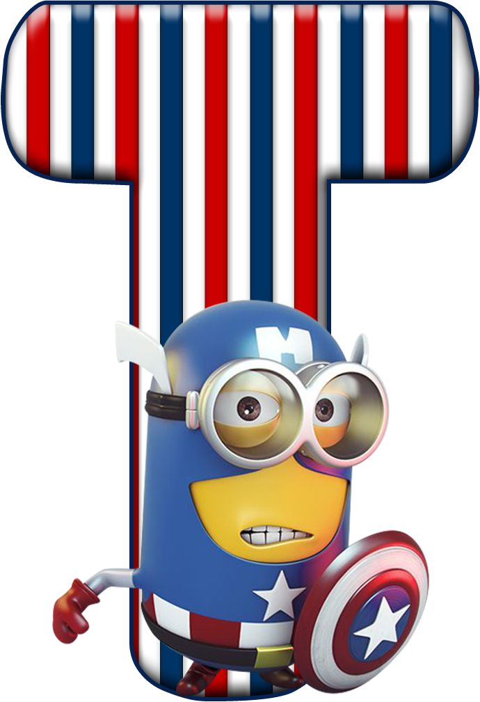 Minion dressed as Captain America holding shield in front of red-white-blue striped letter T.