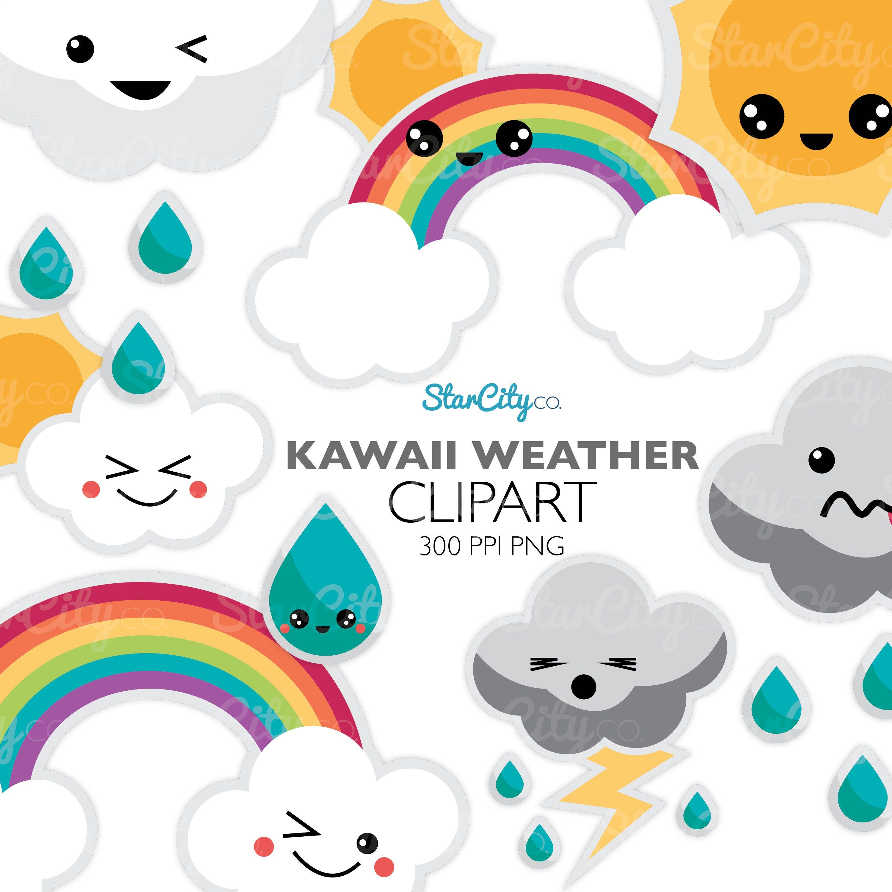 Kawaii-style weather clipart set featuring smiling clouds, suns, rainbows, raindrops, and lightning in 300 PPI PNG format.