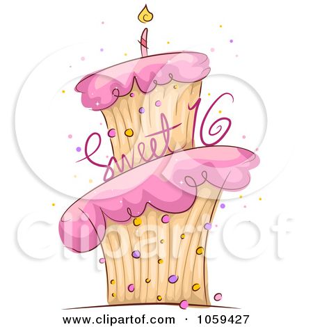 Pink two-tiered birthday cupcake with "Sweet 16" script, lit candle, and colorful sprinkles on white background.