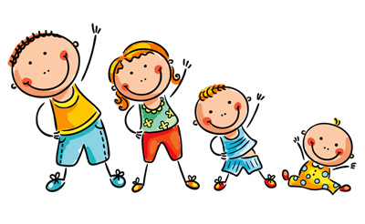 Four cheerful cartoon children of varying ages dancing and waving happily together.