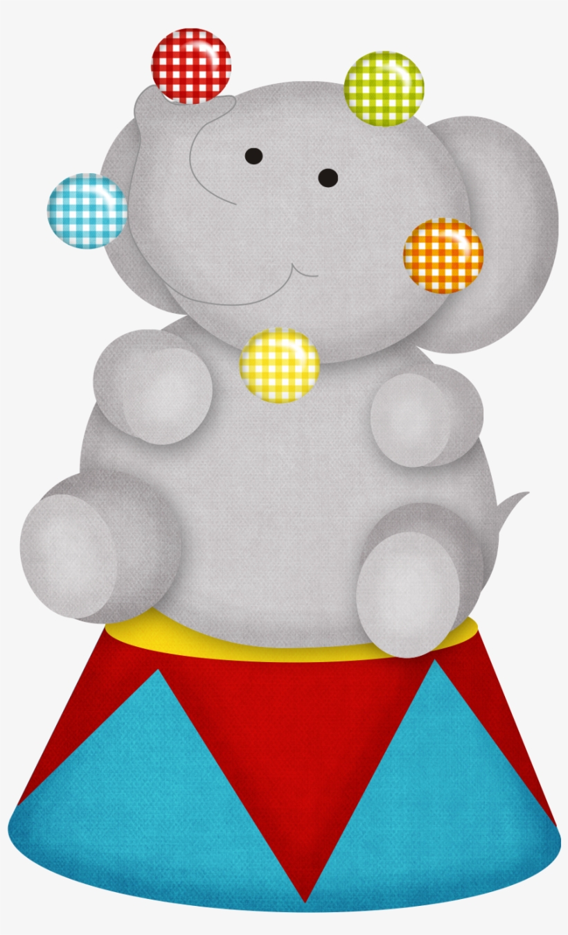 Gray circus elephant juggling five colorful gingham balls while sitting on a red-and-blue striped pedestal.