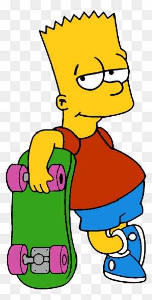 Bart Simpson holding a green skateboard with pink wheels, wearing red shirt and blue shorts.