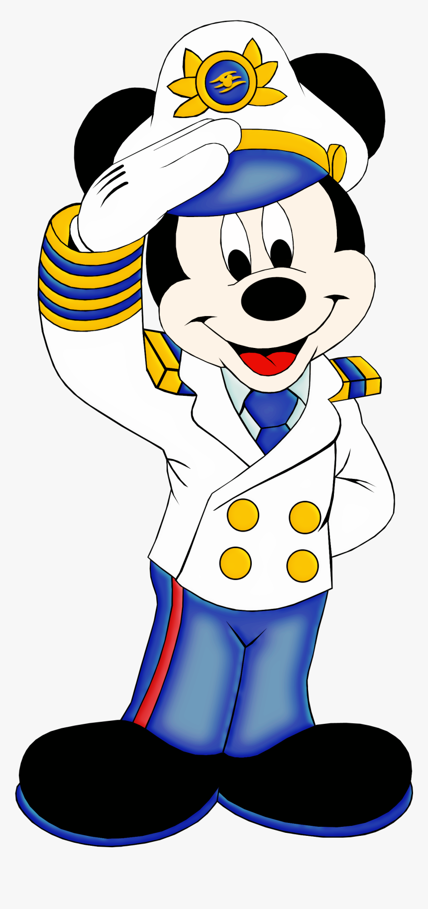 Mickey Mouse in a white naval captain’s uniform saluting with gold and blue accents.