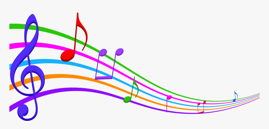 Vibrant colorful musical notes and staff lines flowing across a white background, symbolizing joyful music and creativity.