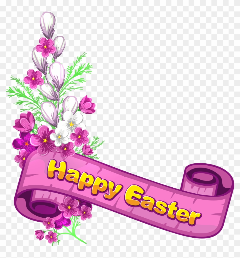 Pink floral banner with "Happy Easter" text, featuring purple and white blossoms and greenery on transparent background.