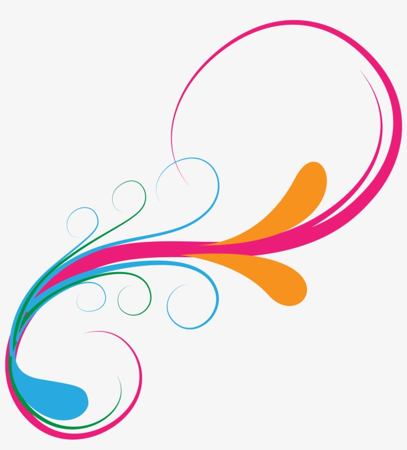 Vibrant abstract swirl design with pink, orange, blue, and green flowing lines and teardrop shapes on white background.