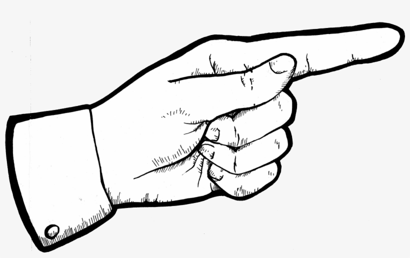 Black-and-white line drawing of a right hand in a formal cuff pointing to the right with index finger extended.