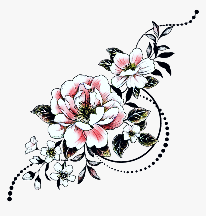 Elegant floral tattoo design with pink-and-white peonies, black leaves, and dotted swirl accents on white background.