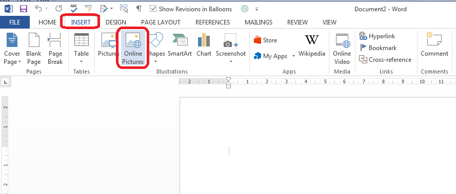 Microsoft Word ribbon interface highlighting the INSERT tab and Online Pictures button.