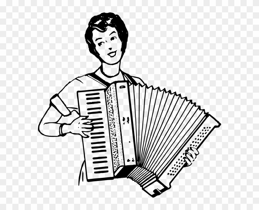 Black-and-white illustration of a smiling woman playing an accordion with both hands.