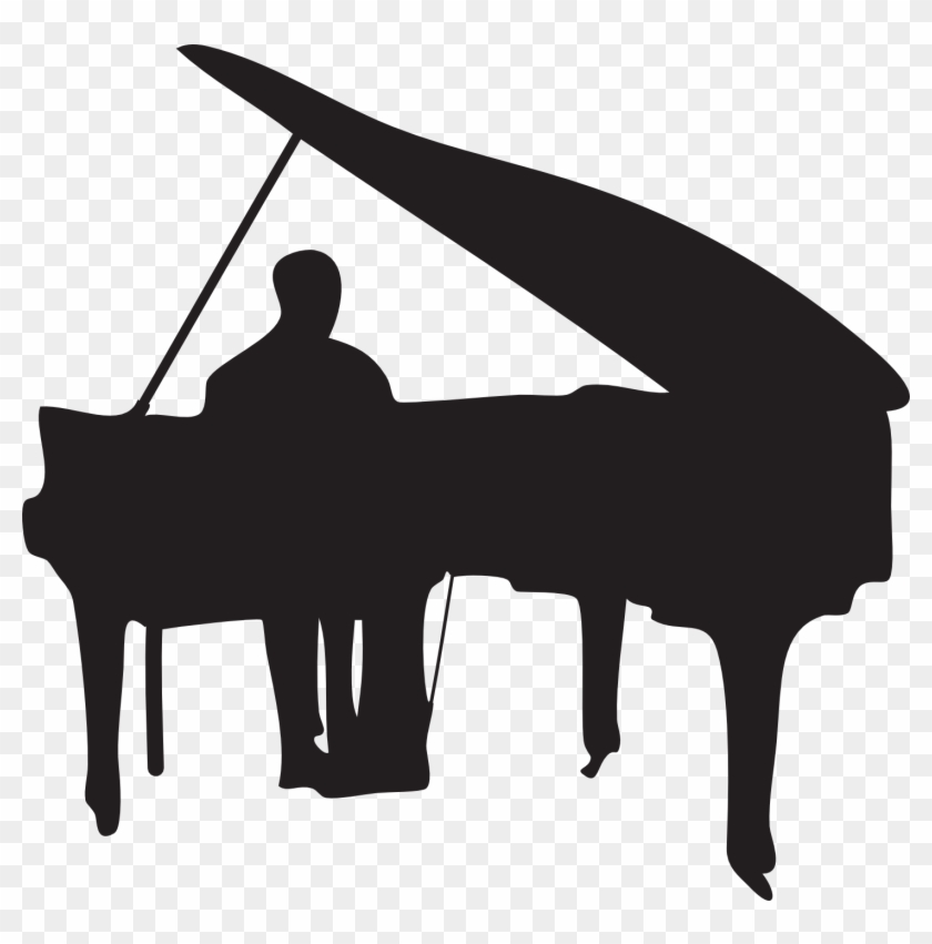 Silhouette of a pianist seated at a grand piano with open lid, in black against transparent background.
