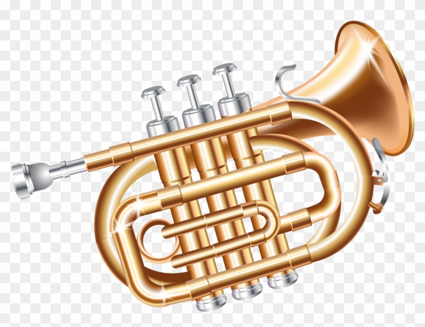 Golden brass cornet with three silver valves and shiny bell, isolated on transparent background.
