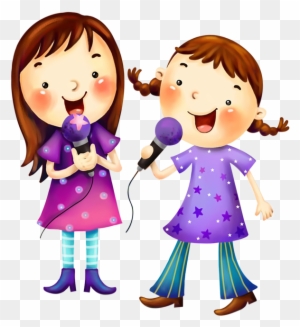 Two cheerful cartoon girls singing into microphones, wearing purple star-patterned outfits and smiling joyfully.