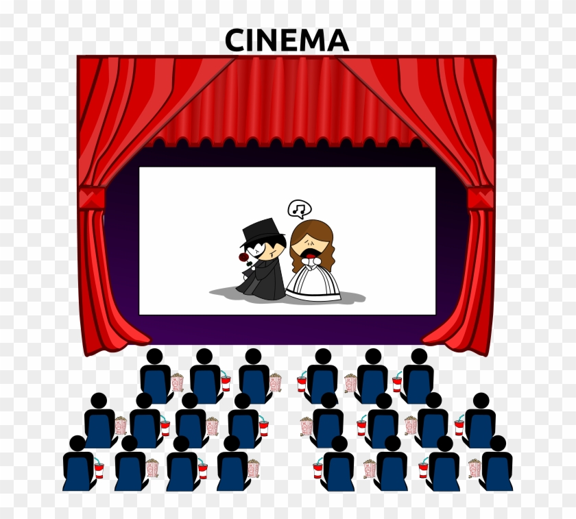 Cartoon cinema scene with red curtains, screen showing a singing couple, and audience with popcorn and drinks.