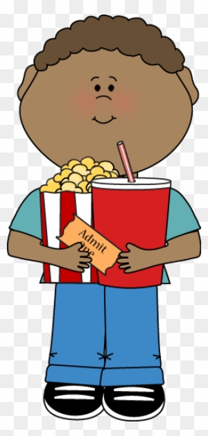 A smiling cartoon boy holding popcorn, a soda cup, and a movie ticket labeled "Admit One".
