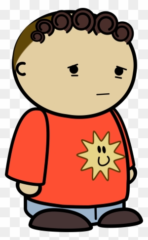 Cartoon boy with curly hair, wearing red shirt with smiling sun emblem, neutral expression.