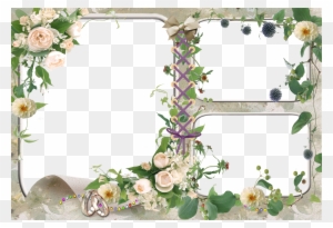 Elegant floral photo frame with roses, greenery, and lace accents on transparent background.