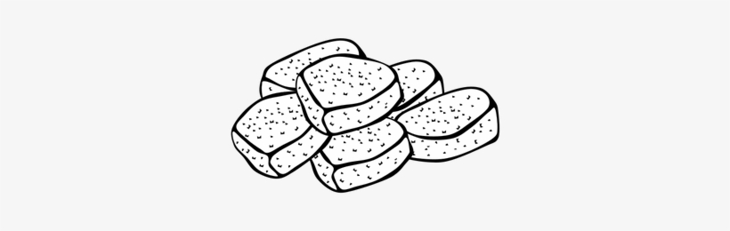 Black-and-white line drawing of stacked rectangular food items with dotted texture, resembling tofu or cheese slices.