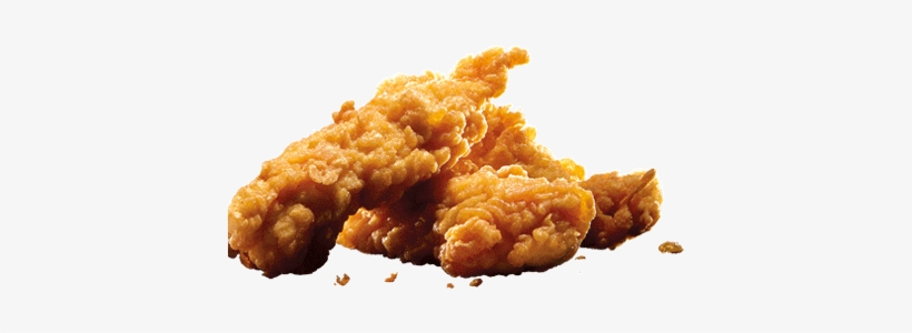 Crispy golden fried chicken tenders piled together on a white background.