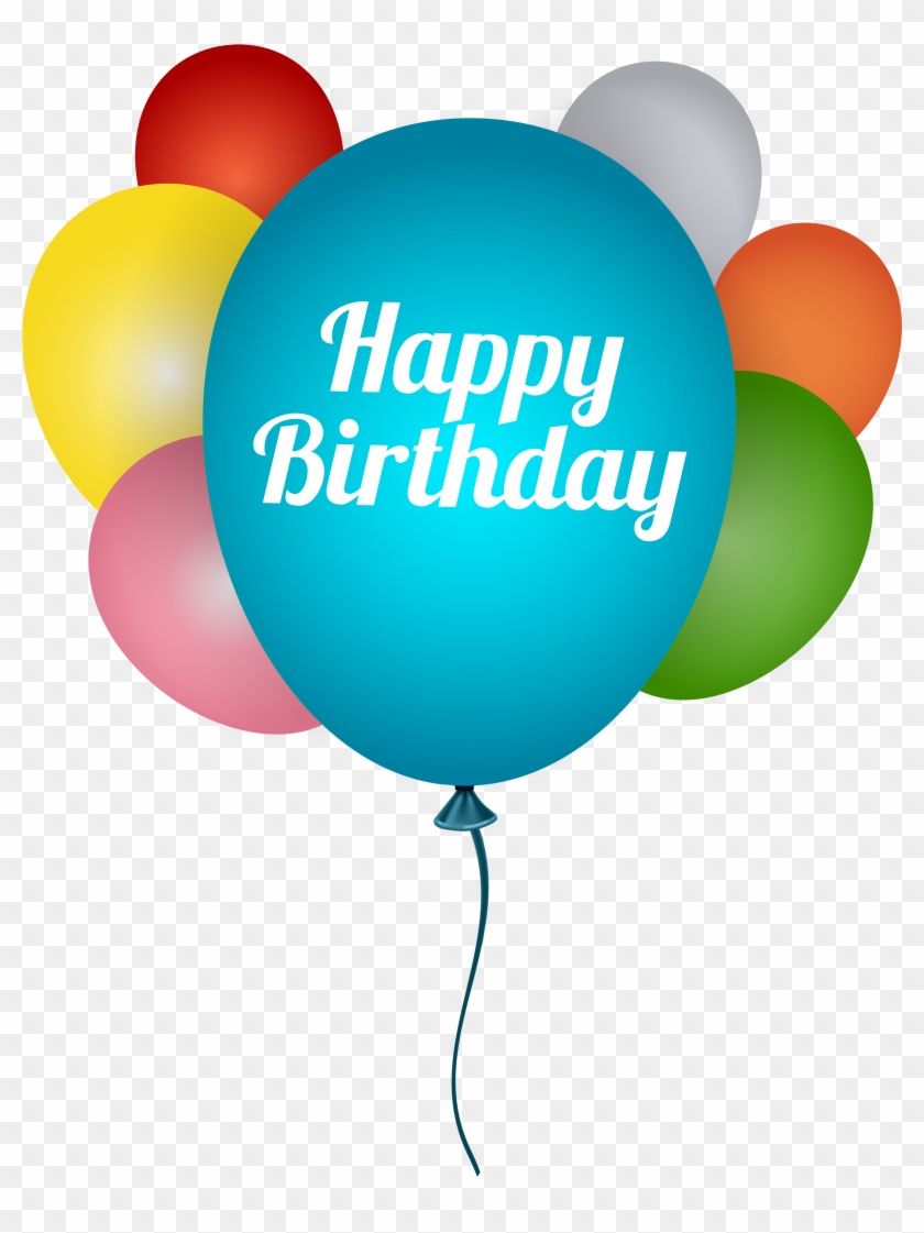 Colorful birthday balloons with "Happy Birthday" text on a blue central balloon.