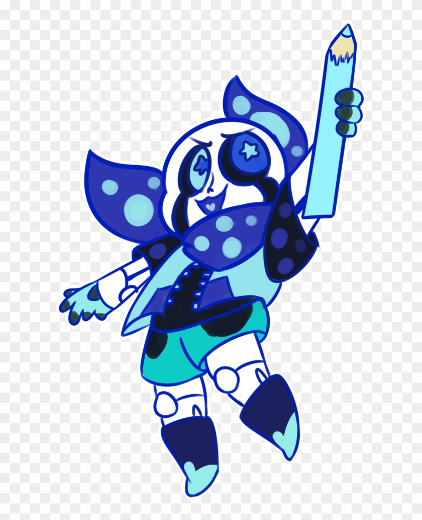 Blue-themed cartoon character with polka-dot wings and a giant pencil, leaping joyfully.