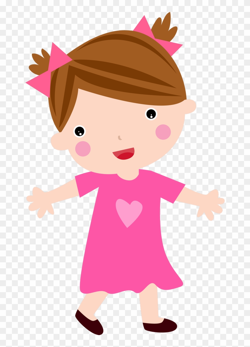 Cheerful cartoon girl with brown hair, pink bows, and a heart-adorned pink dress, arms outstretched in joy.