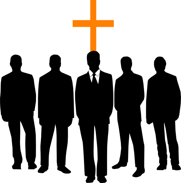Five silhouetted figures in suits standing beneath an orange Christian cross, symbolizing church leadership or pastoral team.