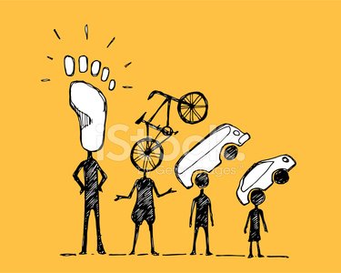 Four stylized figures with transport modes as heads-foot, bicycle, bus, car-symbolizing sustainable mobility choices.