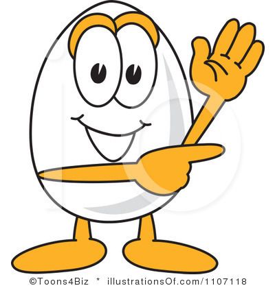 Smiling cartoon egg character with orange limbs waving and pointing, friendly and engaging illustration.