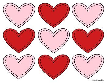 Nine hand-stitched style hearts in red and pink arranged in a 3x3 grid, with dashed outlines suggesting fabric appliqué.