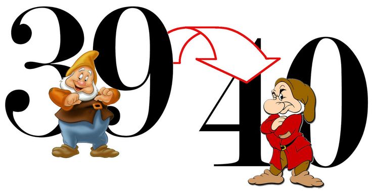 Two Disney dwarfs-Happy and Grumpy-flank numbers 39 and 40, with a red arrow indicating transition from 39 to 40.