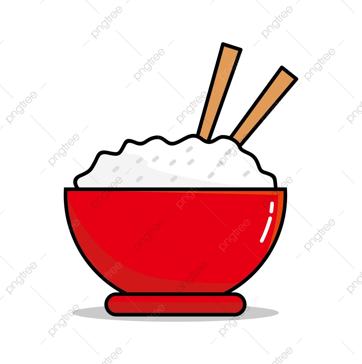 Red bowl filled with white rice and wooden chopsticks, cartoon-style illustration.
