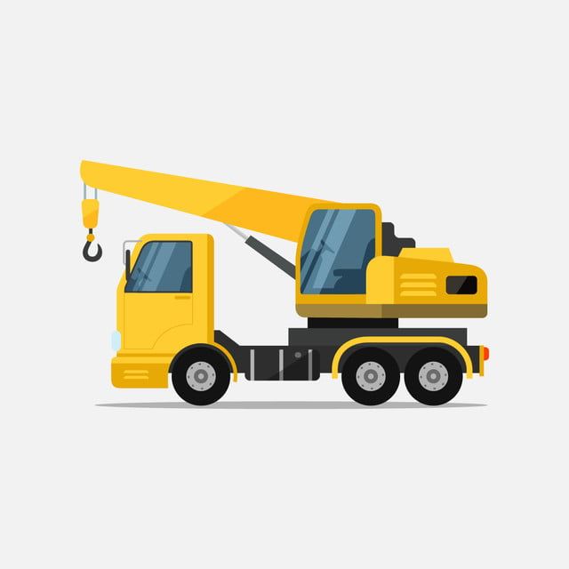 Yellow mobile crane truck with extended boom and hook, flat vector illustration on light background.