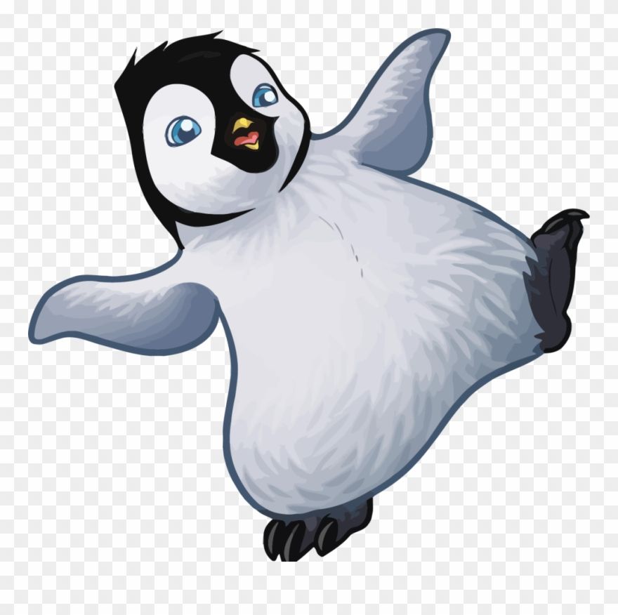 Cute cartoon penguin chick with blue eyes, flapping wings, and open beak on transparent background.