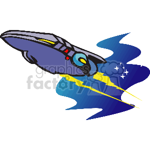 A sleek purple and blue futuristic spaceship flying through space with yellow energy trails and starbursts.