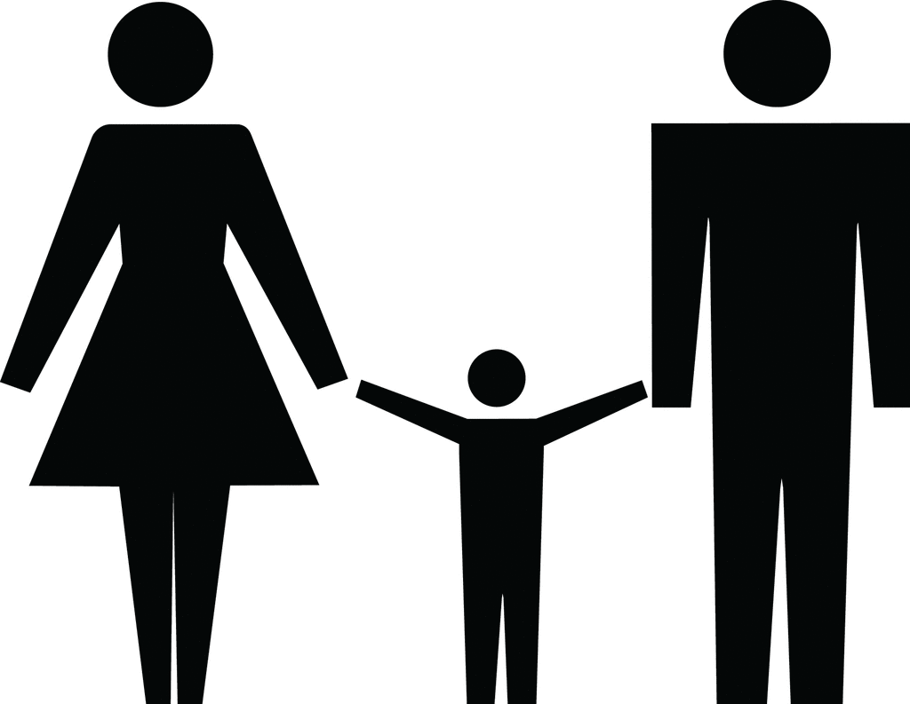 Silhouette of a family: woman, man, and child holding hands.