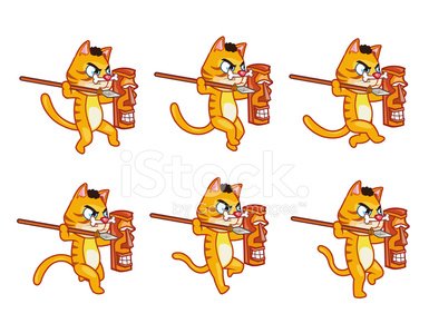 Six identical cartoon orange cats marching with lanterns and sticks, styled in a playful, festive anime aesthetic.