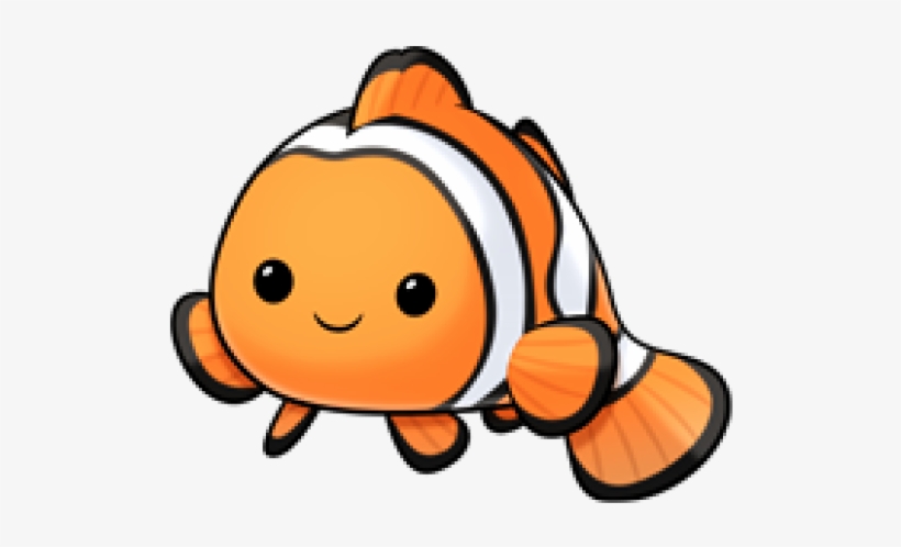Cute cartoon clownfish with orange and white stripes, smiling face, and rounded body.