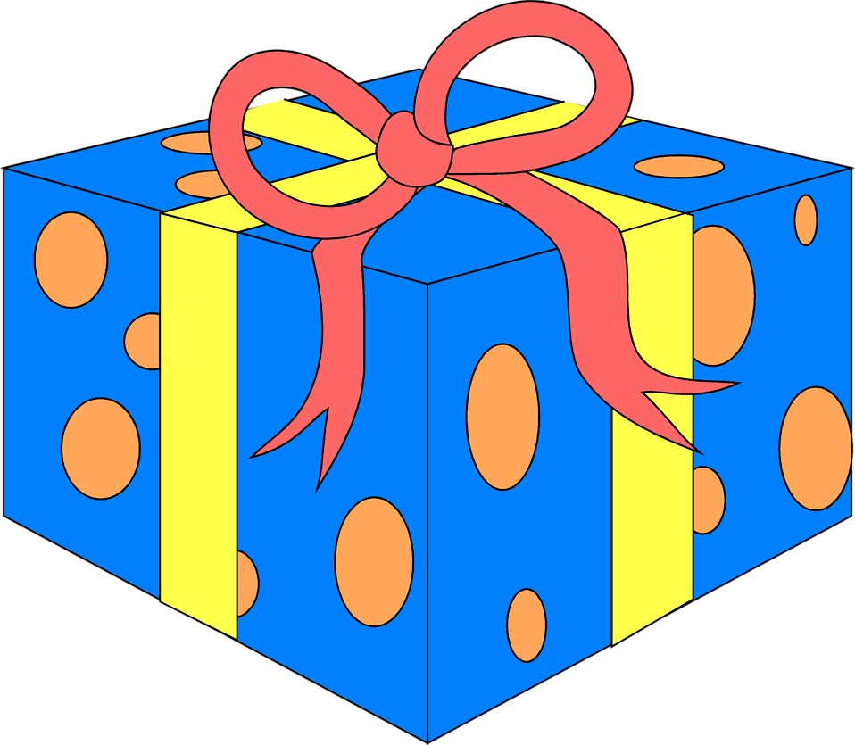 Blue gift box with orange polka dots, yellow ribbon, and red bow on black background.