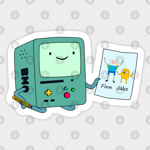 BMO from Adventure Time holding a drawing of Finn and Jake with a pencil.