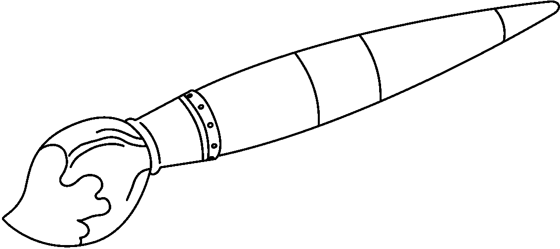 Black-and-white line drawing of a classic paintbrush with bristles, ferrule, and wooden handle.