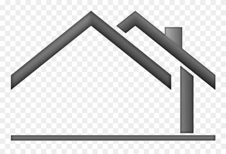 Gray minimalist house icon with gabled roof and chimney on transparent background