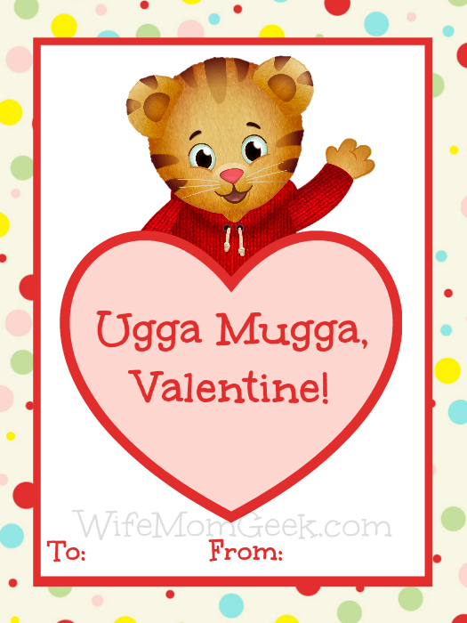 Daniel Tiger in a red sweater waving above a pink heart with "Ugga Mugga, Valentine!" text.