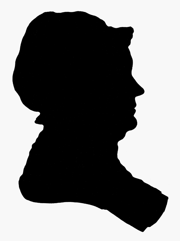 Black silhouette profile of a person in historical attire, facing right, with bonnet and high collar.